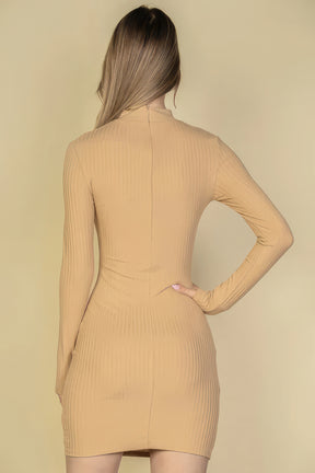 Ribbed Cut Out Front Long Sleeve Bodycon Mini Dress