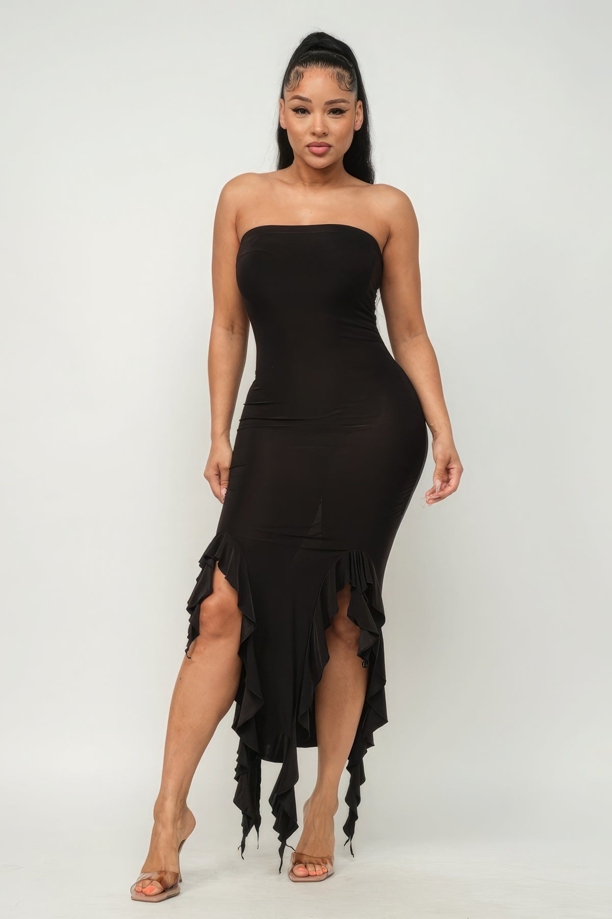 Solid Bottom Ruffle Trim Hem Slit Tube Maxi Dress