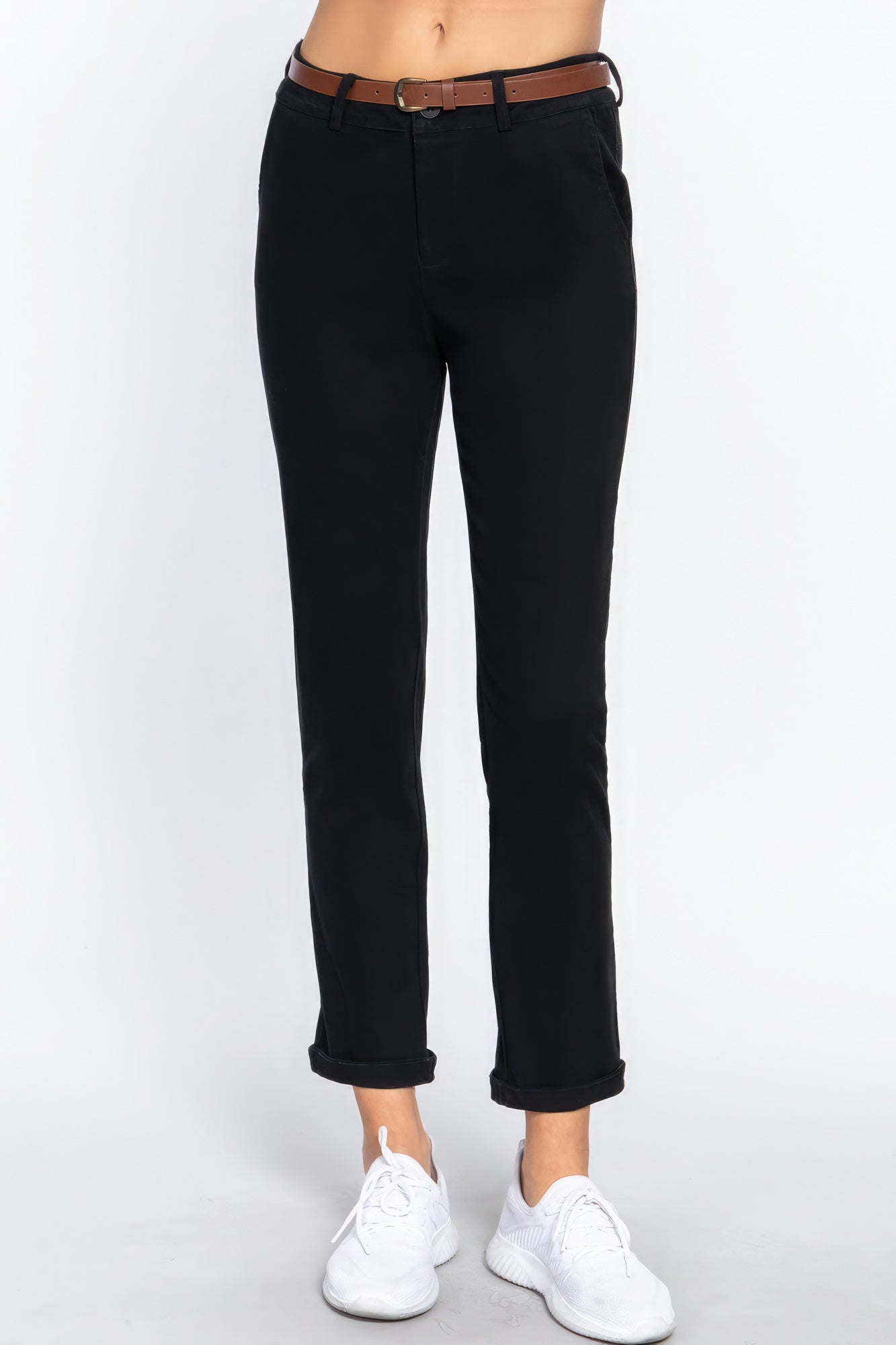 Pantalon long ceinturé en sergé de coton