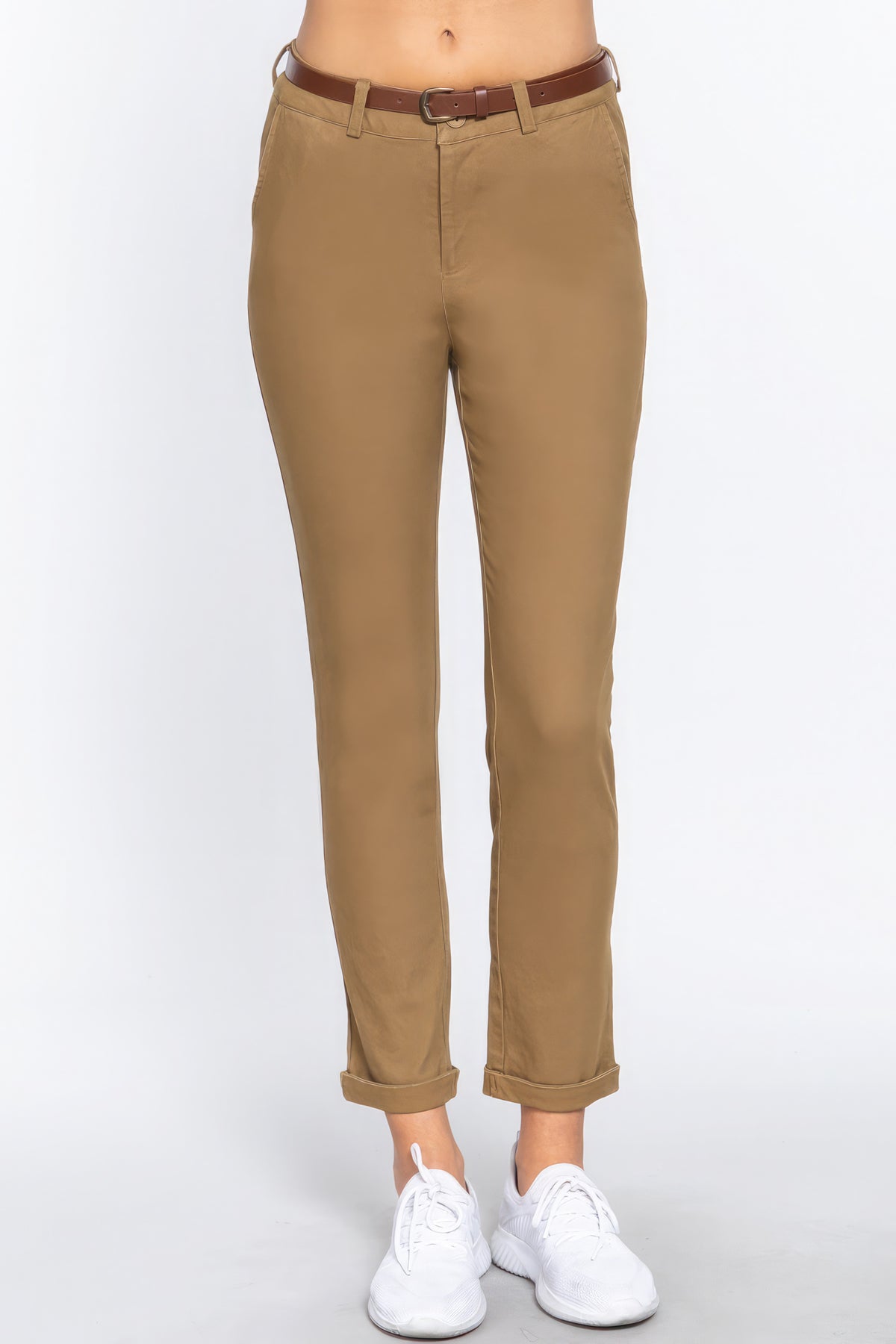 Pantalon long ceinturé en sergé de coton