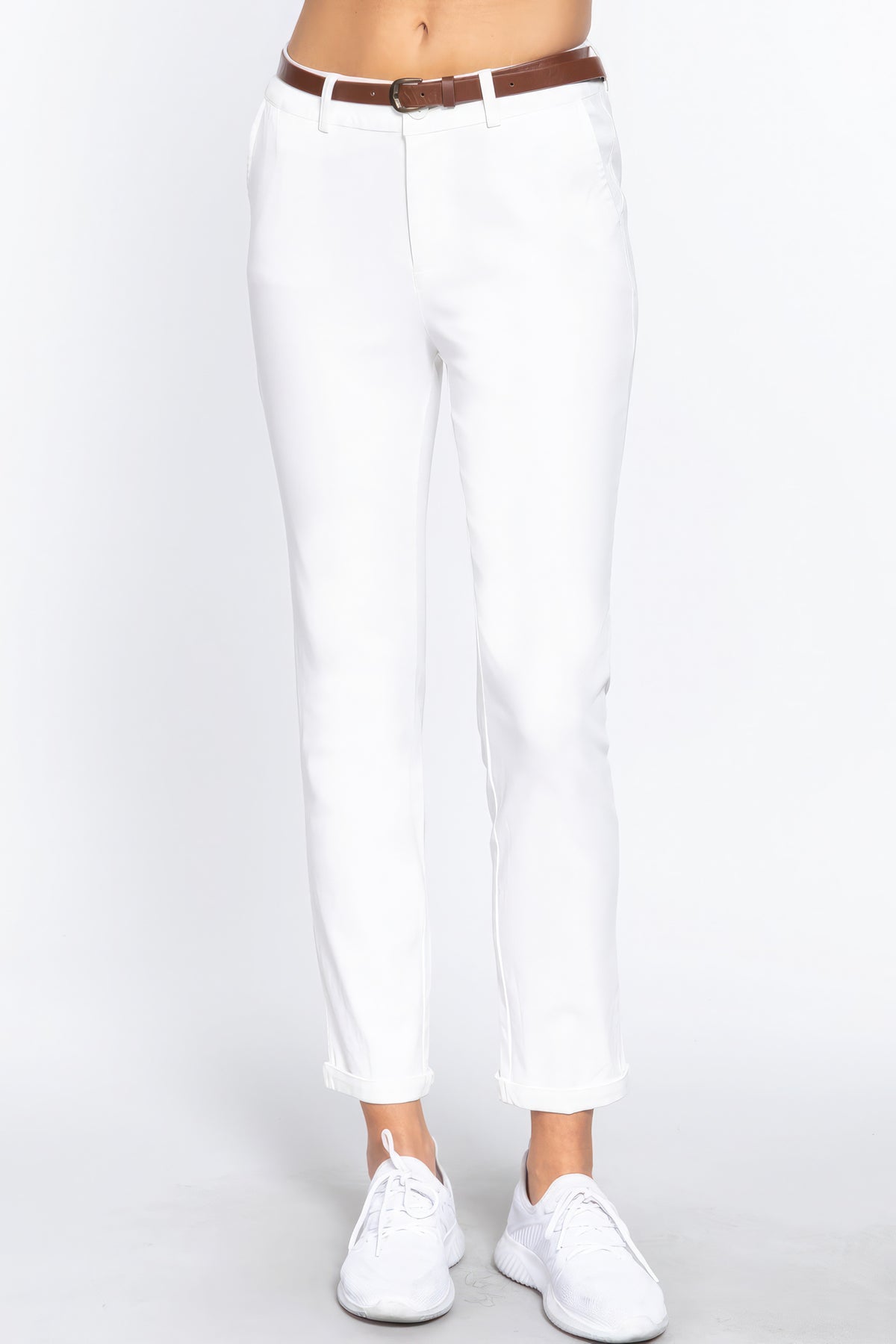 Pantalon long ceinturé en sergé de coton