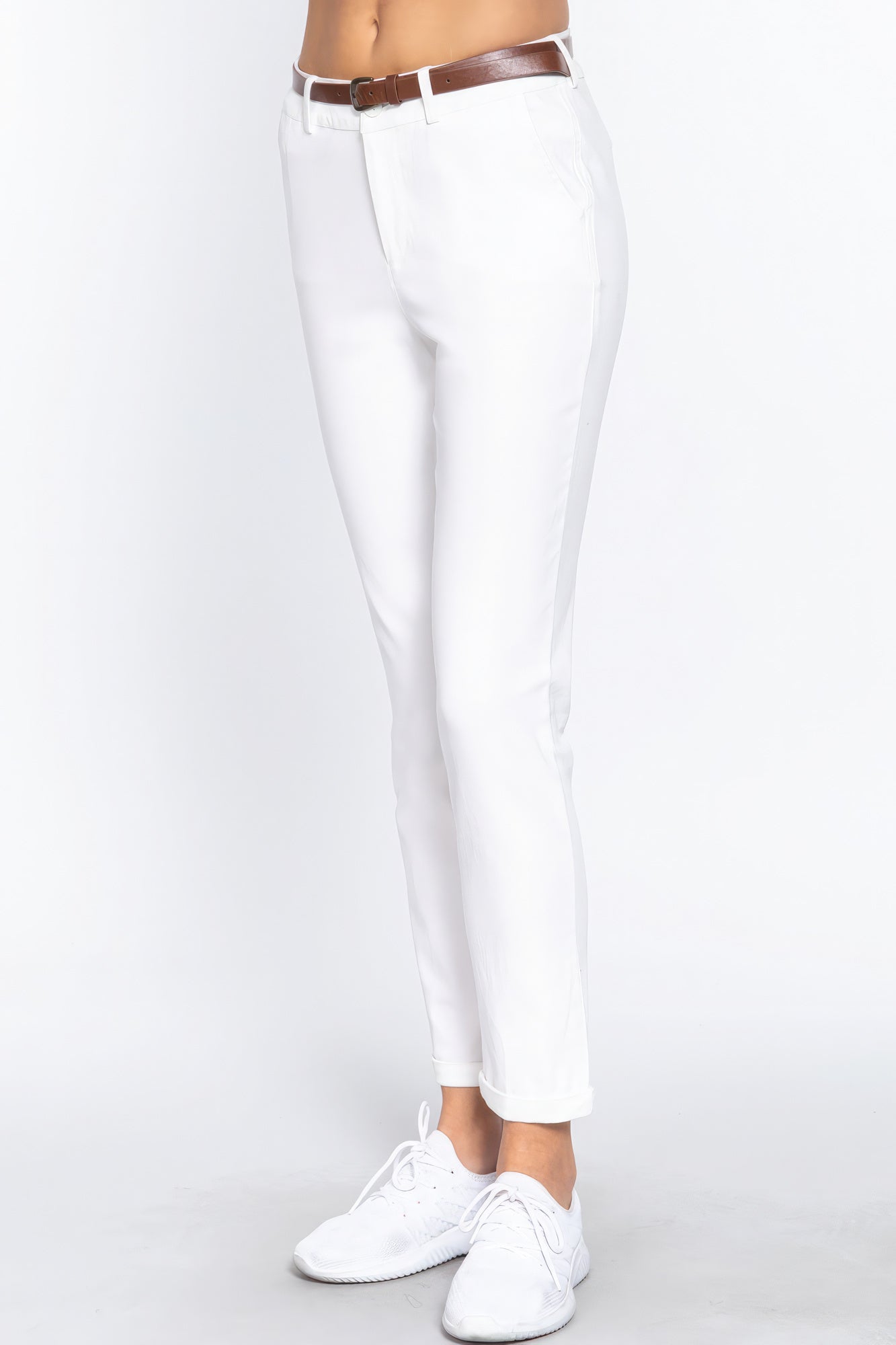 Pantalon long ceinturé en sergé de coton