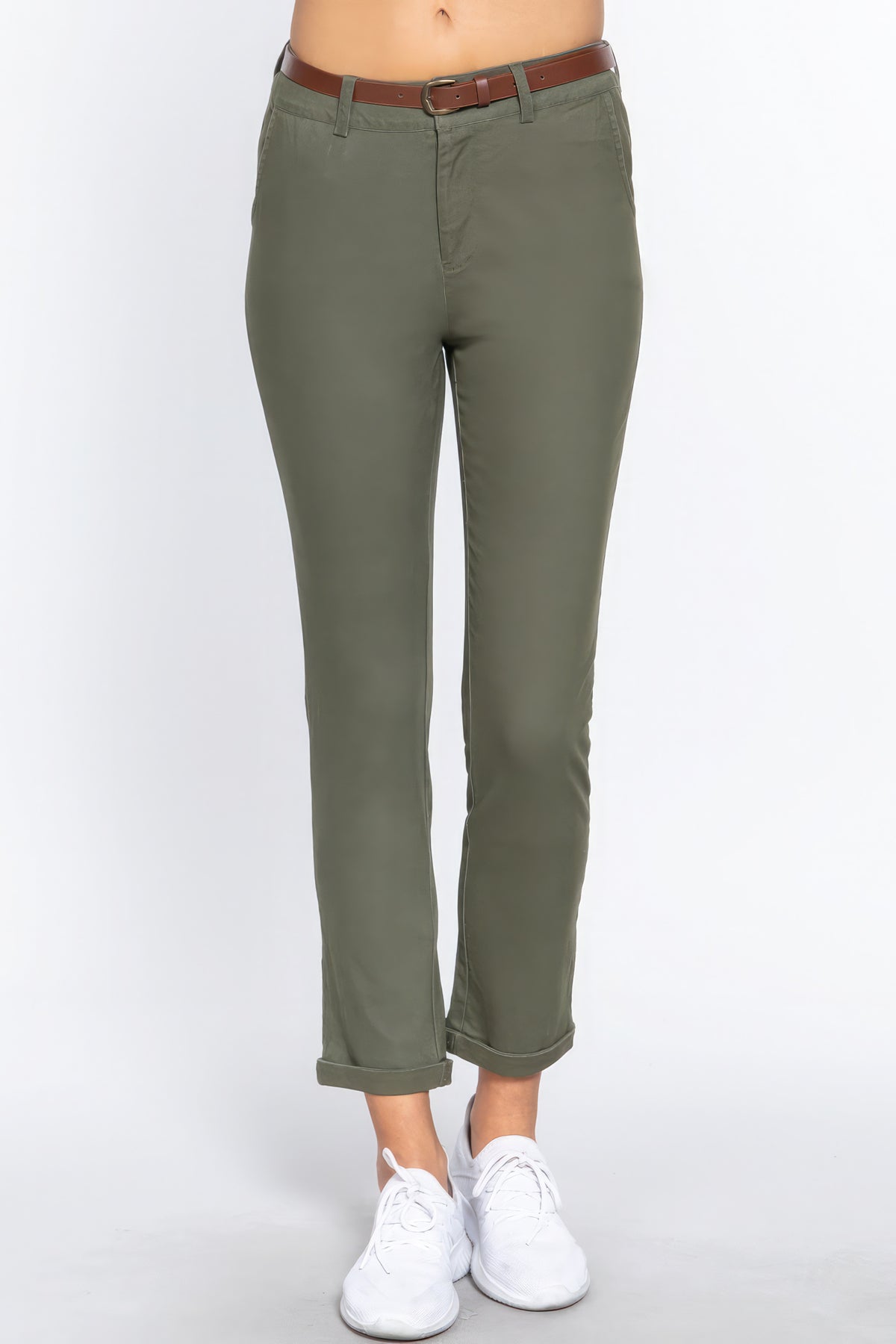 Pantalon long ceinturé en sergé de coton