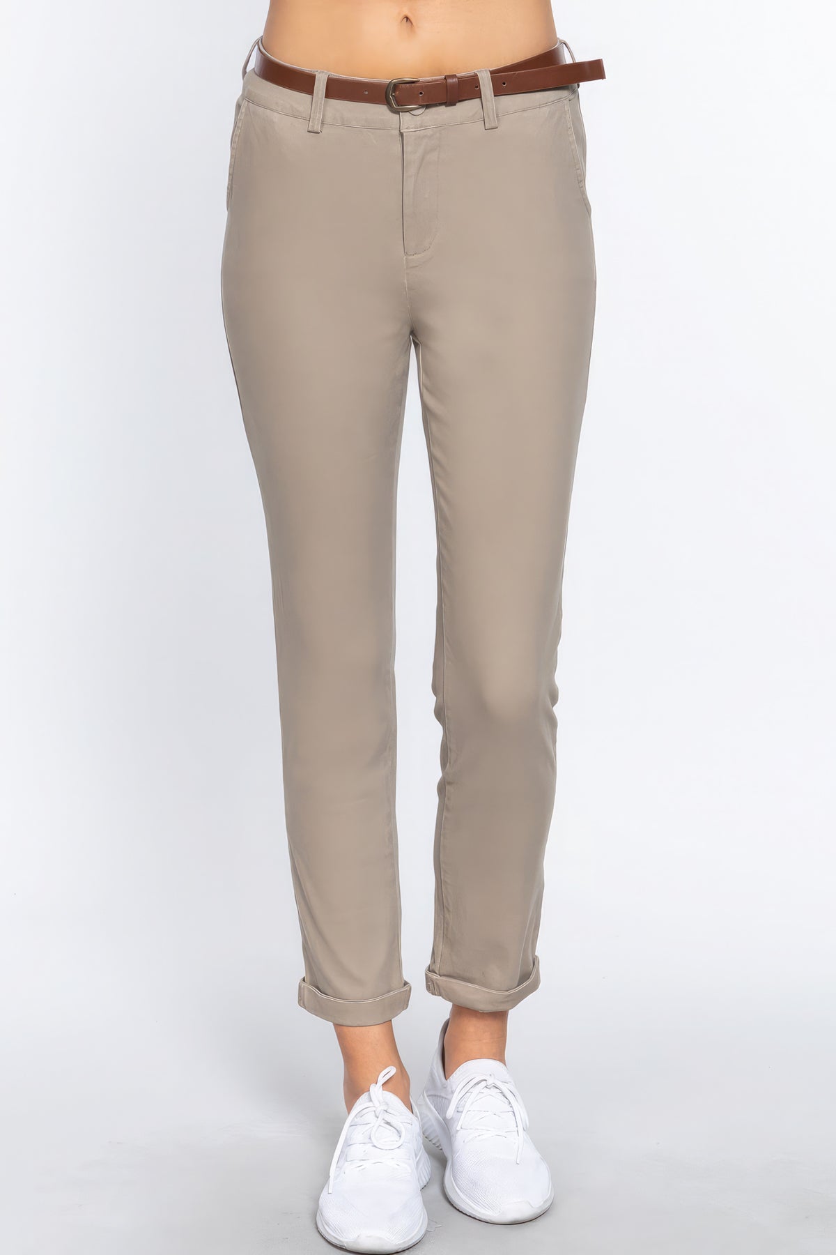 Pantalon long ceinturé en sergé de coton