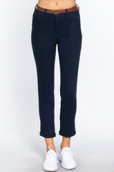 Pantalon long ceinturé en sergé de coton