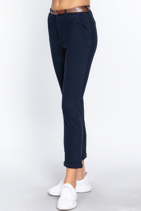 Pantalon long ceinturé en sergé de coton