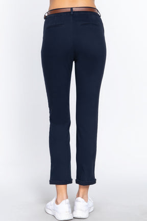 Pantalon long ceinturé en sergé de coton