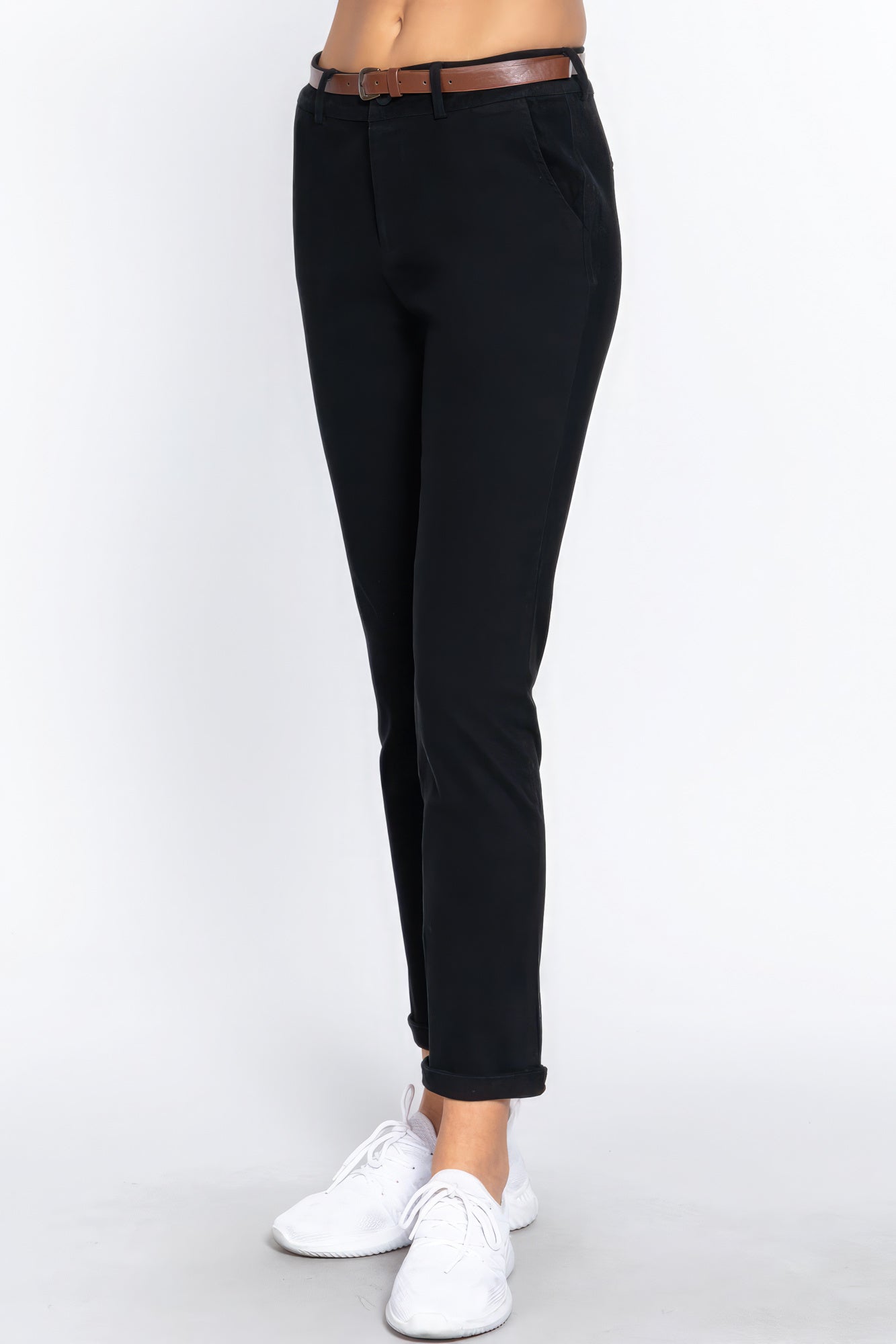 Pantalon long ceinturé en sergé de coton