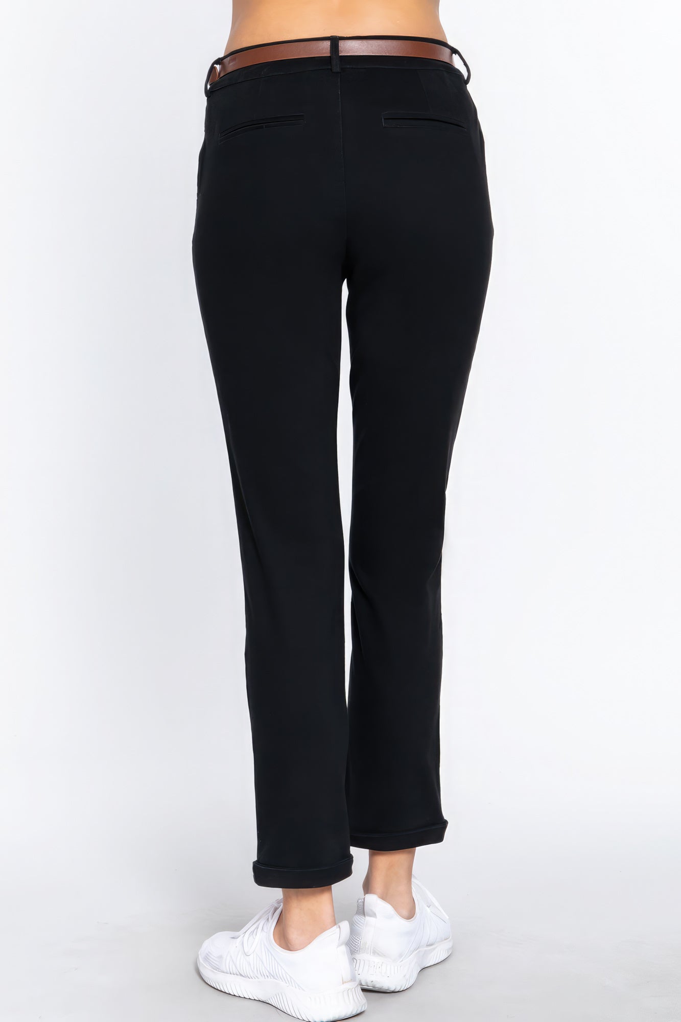 Pantalon long ceinturé en sergé de coton