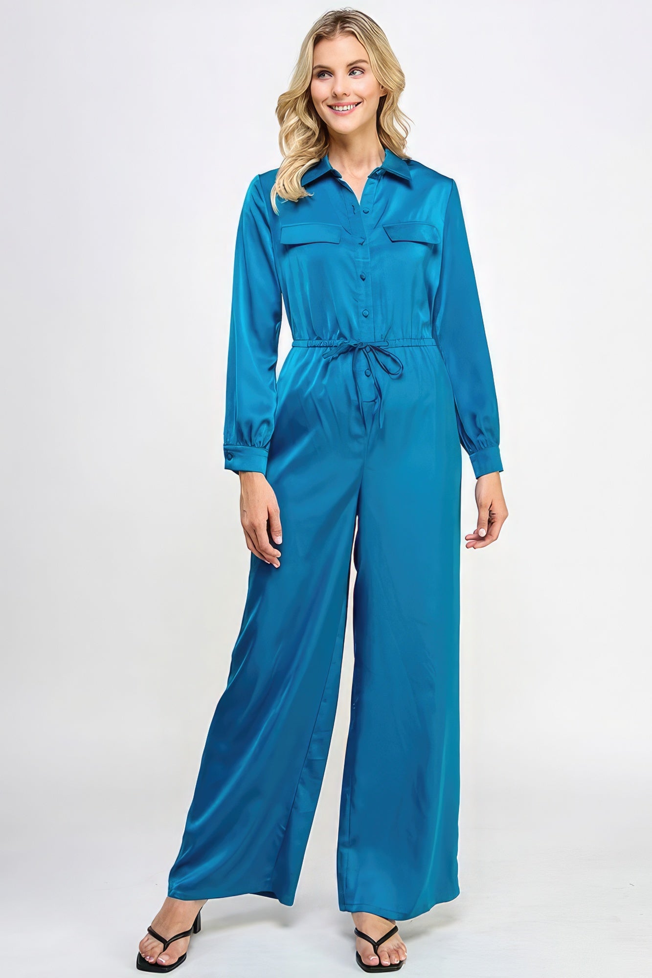 Long Sleeve Jumpsuit With Waist Drawstring