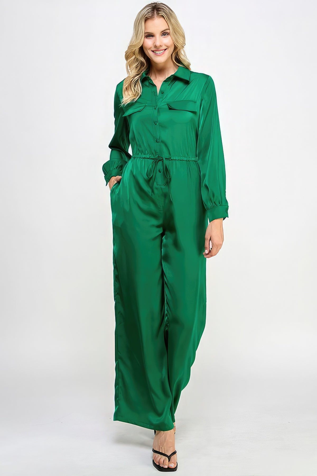 Long Sleeve Jumpsuit With Waist Drawstring