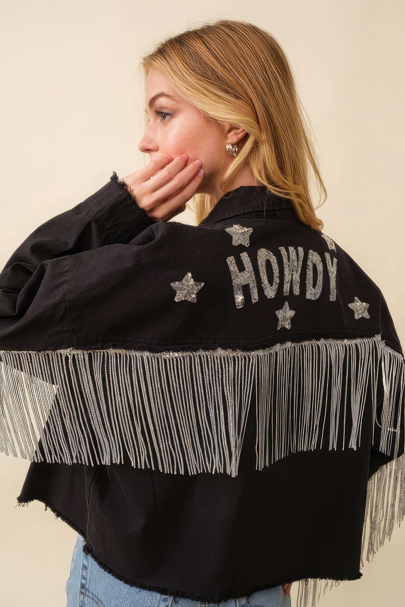 Veste Howdy à franges et patchs en paillettes et étoiles