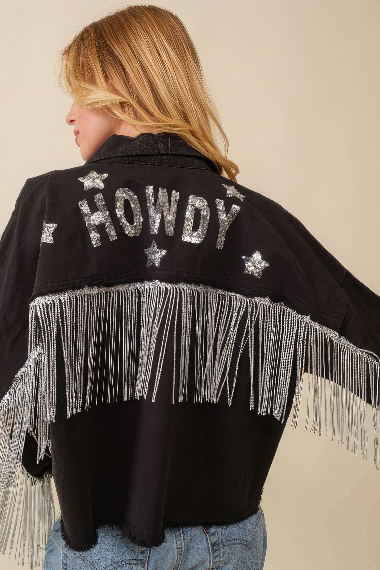 Veste Howdy à franges et patchs en paillettes et étoiles