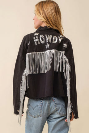 Veste Howdy à franges et patchs en paillettes et étoiles