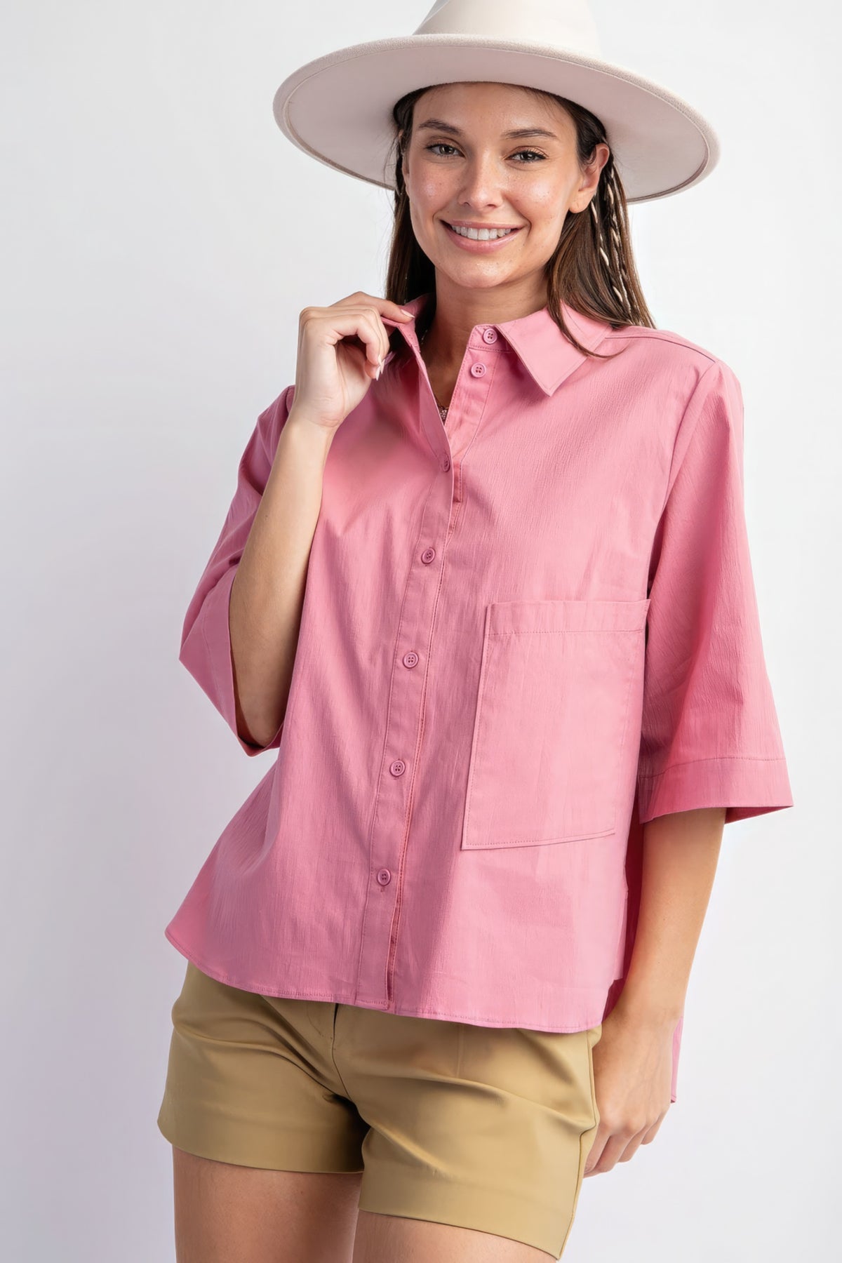 Chemise boutonnée en popeline extensible à manches courtes